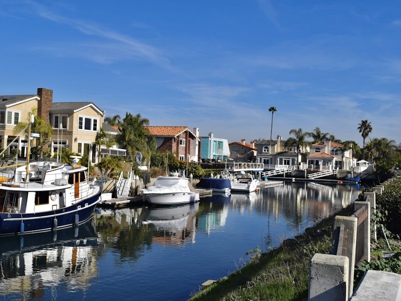 Homes and boats along the Channel Islands Harbor canals in Oxnard