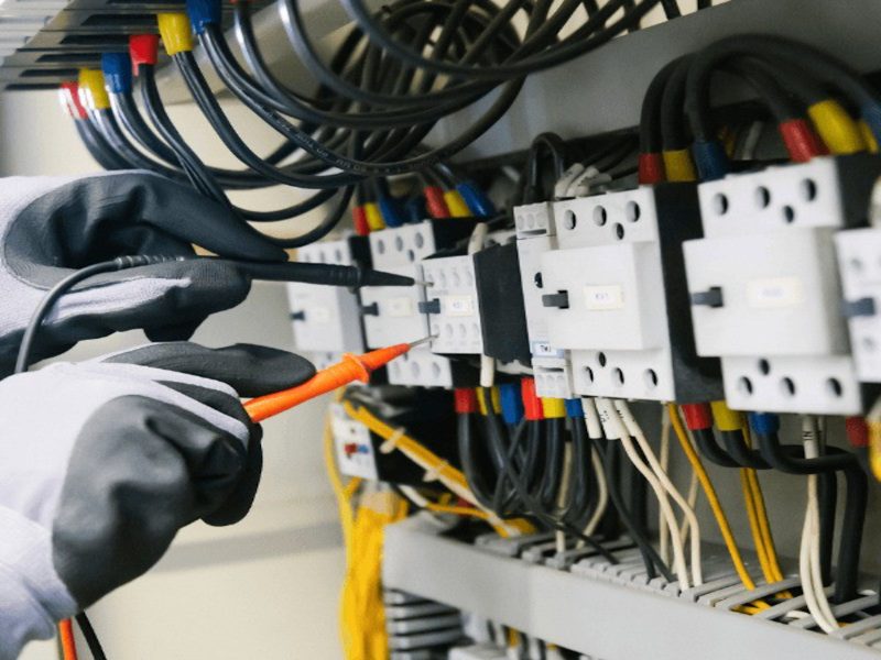 Electrician wiring circuit breakers in an electrical panel