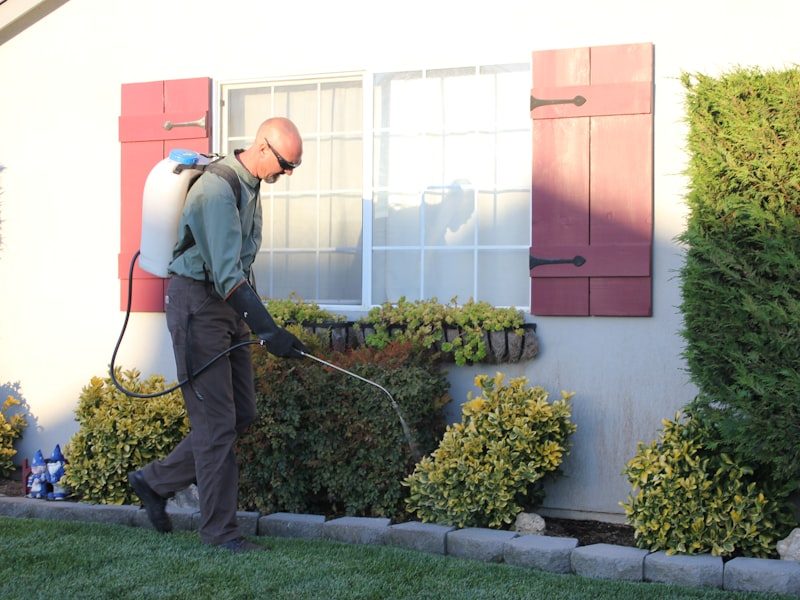 Pest control technician spraying the foundation of a home
